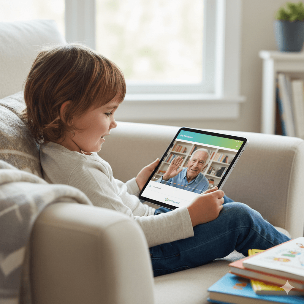 Child watching grandpa wave on tablet
